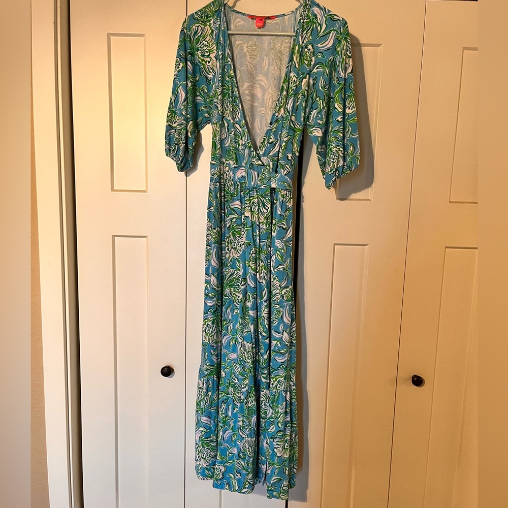 Lilly Pulitzer Blue and Green Wrap Sundress with Puff Sleeves